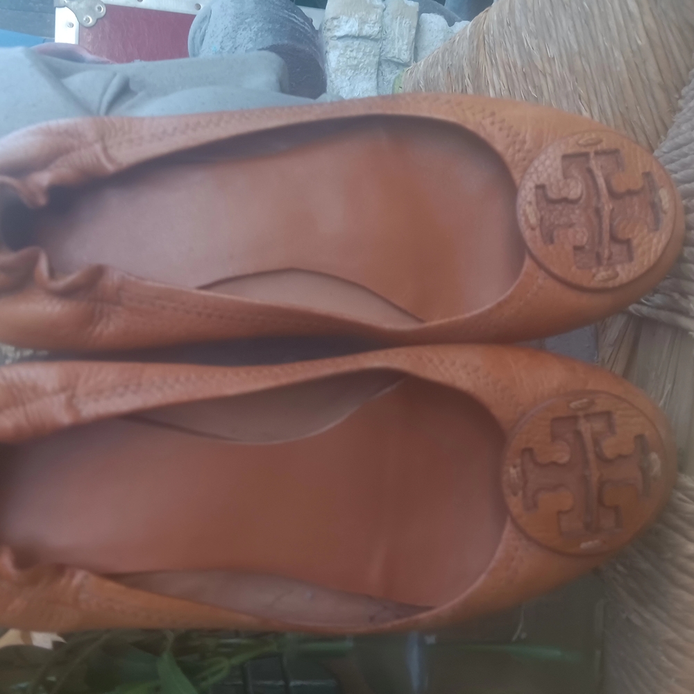 Tory Burch Tan Leather Flats with Medallion Logo